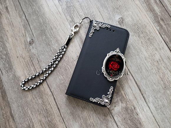 Gothic red rose phone leather wallet removable case for iPhone X XS XR 12 13 14 pro max Galaxy S22 S21 S20 Ultra S10 Note 20 10 Plus MN2382