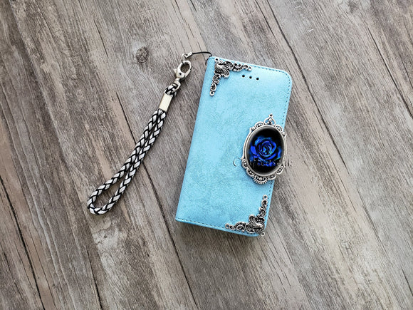 Gothic blue rose phone leather wallet removable case for iPhone X XS XR 11 12 Pro Max 8 7 6s Galaxy S20 S10 S9 Note 20 8 9 10 Plus MN2401