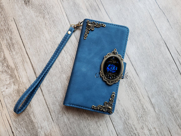 Gothic Blue Rose Zipper leather phone wallet case for iPhone X XS XR 11 12 13 14 Pro Max Galaxy S22 S21 S20 Ultra S10 Note 20 Plus MN2729