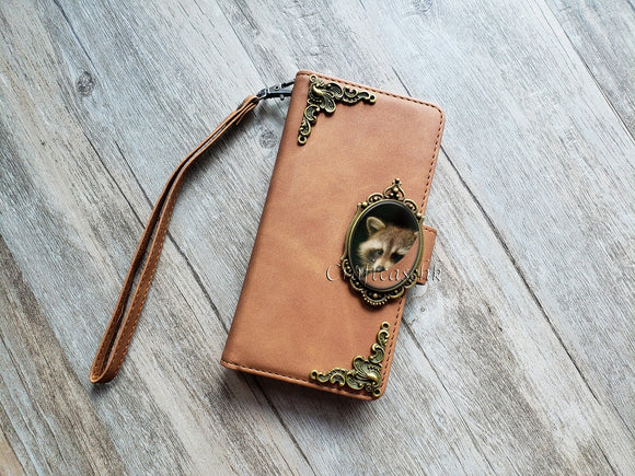 Vintage Raccoon Zipper leather wallet case for iPhone X XS XR 13 14 pro max Galaxy S23 S22 S21 S20 Ultra S10 S9 Note 20 8 9 10 Plus MN2810