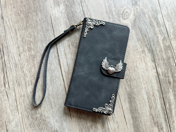 Heart angel wing zipper leather wallet case for iPhone X XS XR 11 12 13 14 pro max Galaxy S23 S22 S21 S20 Ultra S10 Note 20 10 Plus MN2822