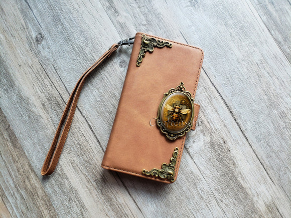 Steampunk honey bee zipper leather wallet case for iPhone X XS XR 13 14 pro max Galaxy S23 S22 S21 S20 Ultra S10 S9 Note 20 10 Plus MN2823