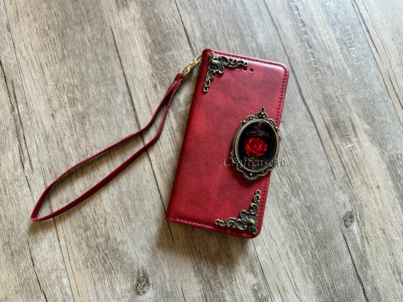 Gothic red rose phone leather wallet removable case for iPhone X XS XR 12 13 14 Pro Max Galaxy S23 S22 S21 S20 Ultra Note 20 10 Plus MN2855