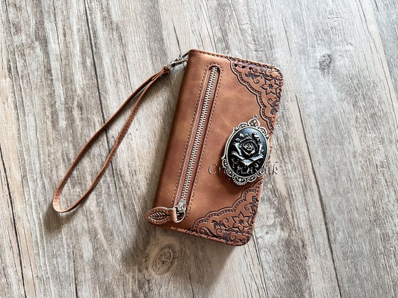 Vintage Rose leather wallet imprint phone case for iPhone X XS XR 11 12 13 14 Pro Max Galaxy S23 S22 S21 S20 Ultra Note 20 10 Plus MN2893