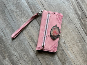 Pink Rose leather wallet imprint phone case for iPhone X XS XR 12 13 14 15 Pro Max Galaxy S24 S23 S22 S21 Ultra Note 20 10 Plus MN2956