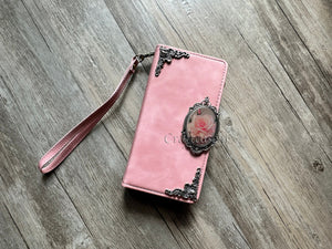 Pink rose Zipper leather wallet phone case for iPhone 15 Pro Max Galaxy Z Fold 5 MN2971